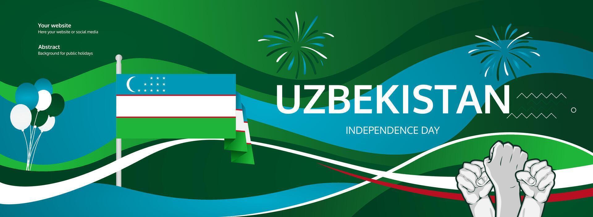 Ignite the celebration for Uzbekistan National Day. A creative banner for September 1st featuring the flag and raised fist, bursting with energy and independence. vector