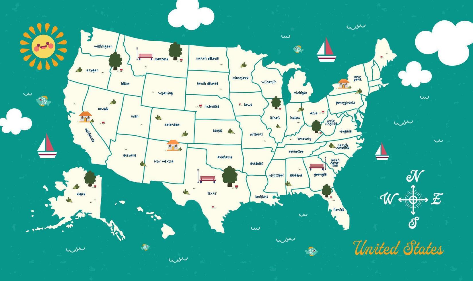 Colorful USA map featuring state names. Poster design with a geographic and political theme, ideal for infographics or graphic design projects. Includes a detailed print of USA states for educational vector