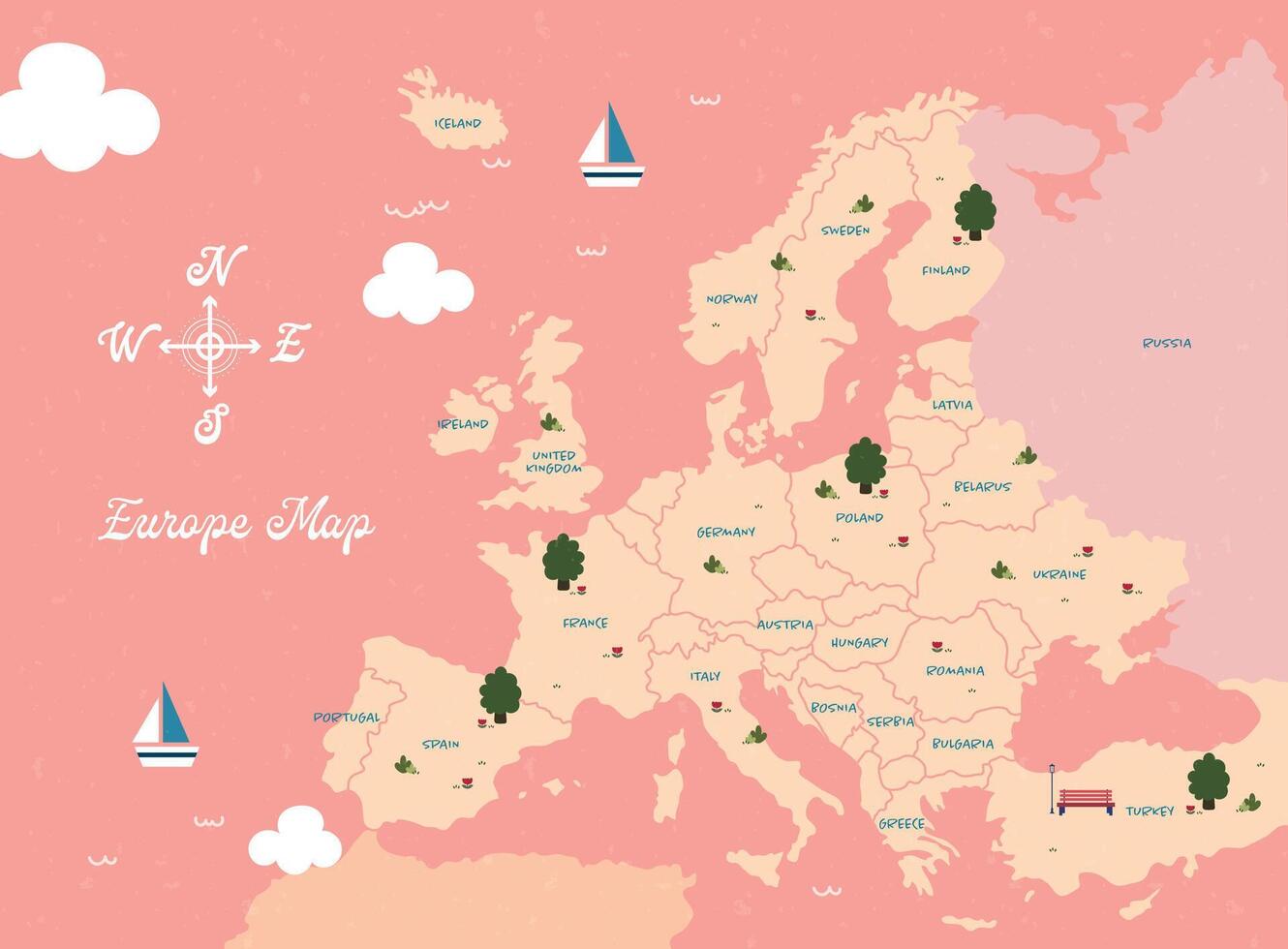 Attractive Europe travel map illustration, all provinces and highlighting the capital city. A detailed print of Europe, suitable for educational or decorative purposes. vector