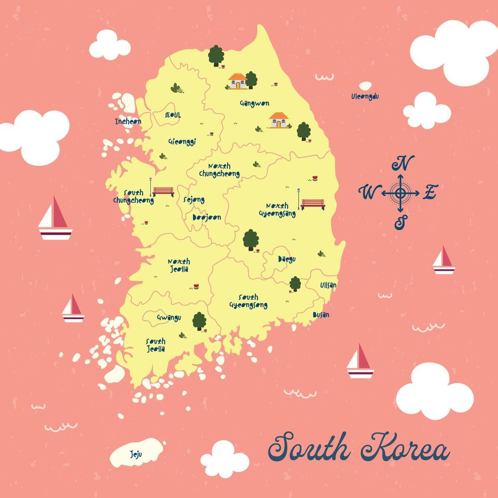 Attractive South Korea travel map illustration, all provinces and highlighting the capital city. A detailed print of South Korea, suitable for educational or decorative purposes vector