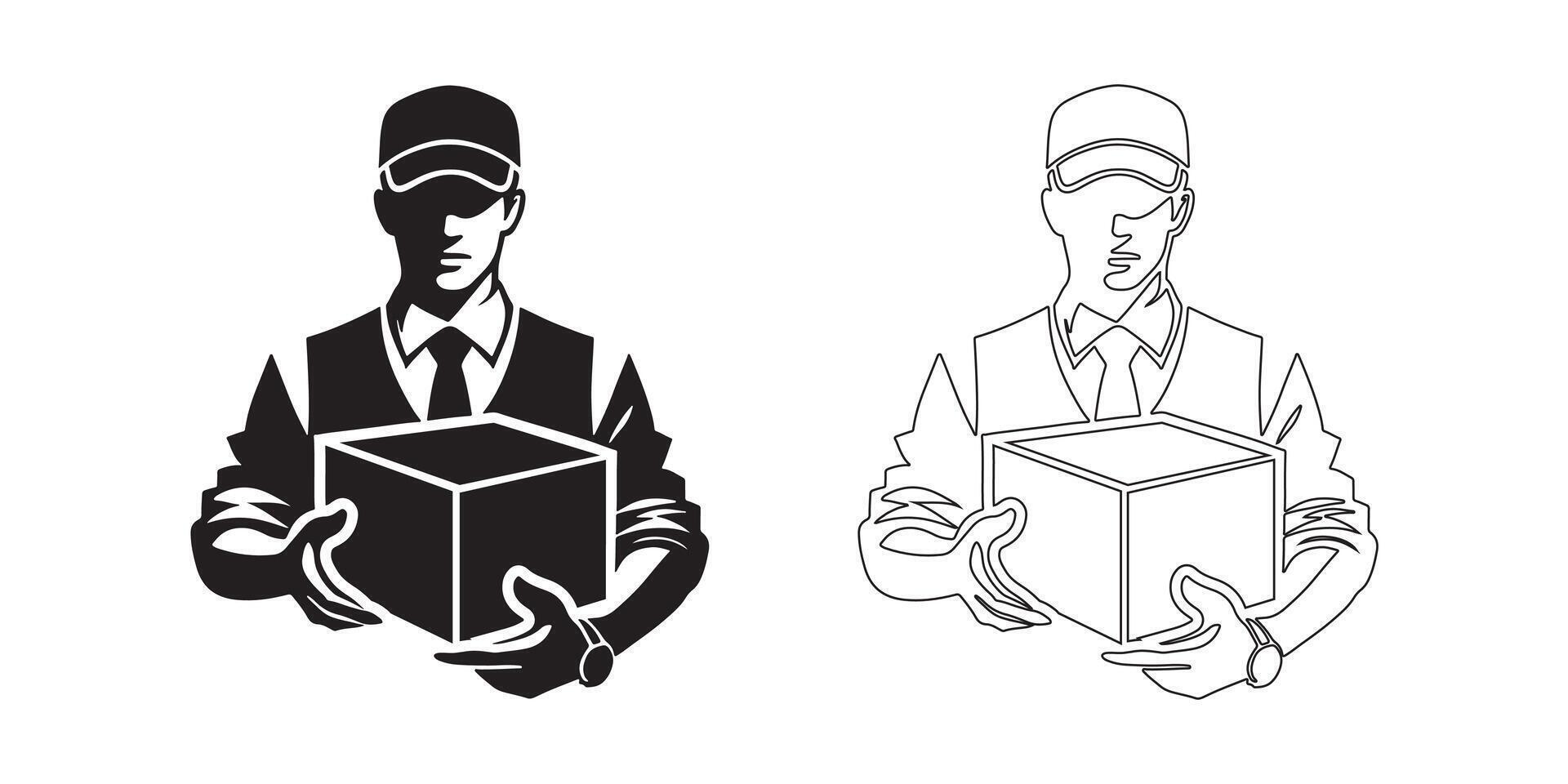 Delivery Person Holding Package Black and White Silhouette vector
