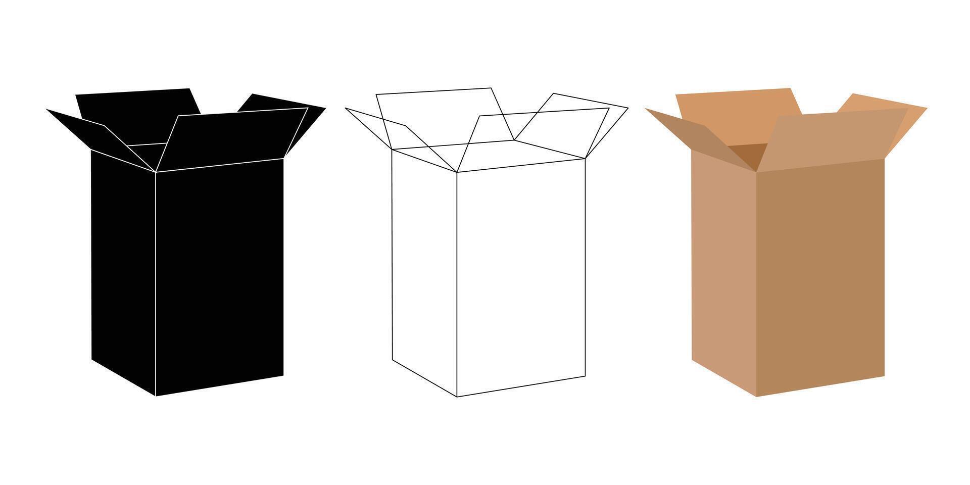 Open Cardboard Box Illustration in Black, Line, and Color Variations vector