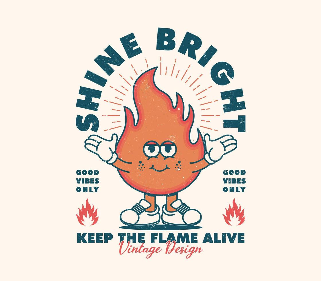 Fire cartoon character illustration design in retro style, perfect for graphic tees, t-shirts, posters, stickers, merchandise, and more vector