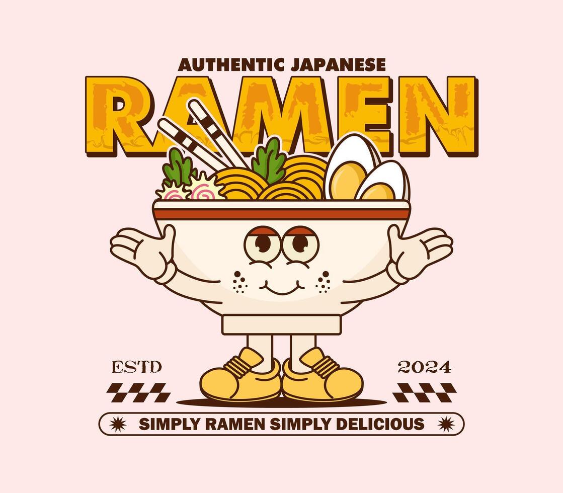 Vintage Japan Ramen Noodle cartoon character graphic design, ideal for graphic tees, t-shirts, posters, stickers, merchandise, and more vector
