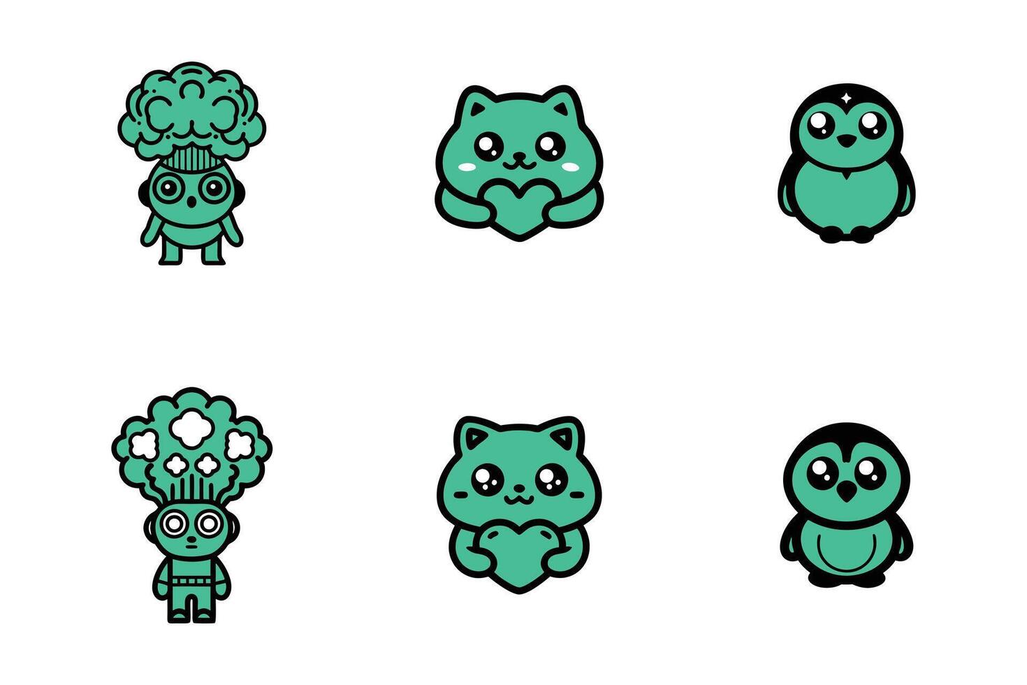 A collection of cartoon characters, including a penguin, a cat, and a broccoli vector