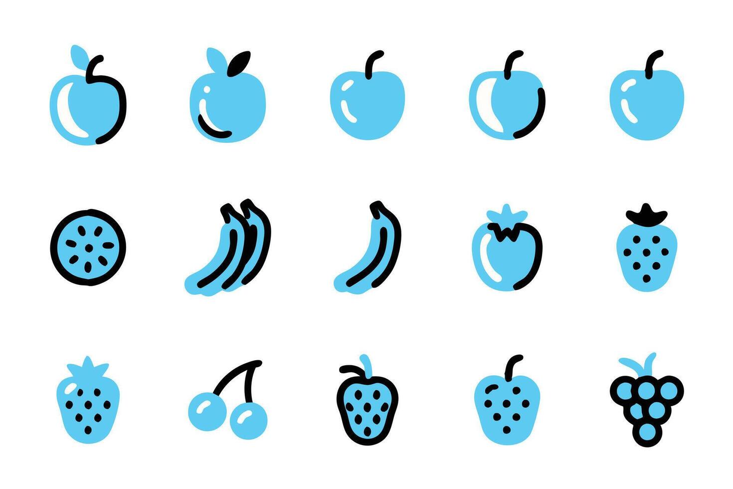 A set of simple, stylized fruit icons in a vibrant light blue color with black outlines. vector