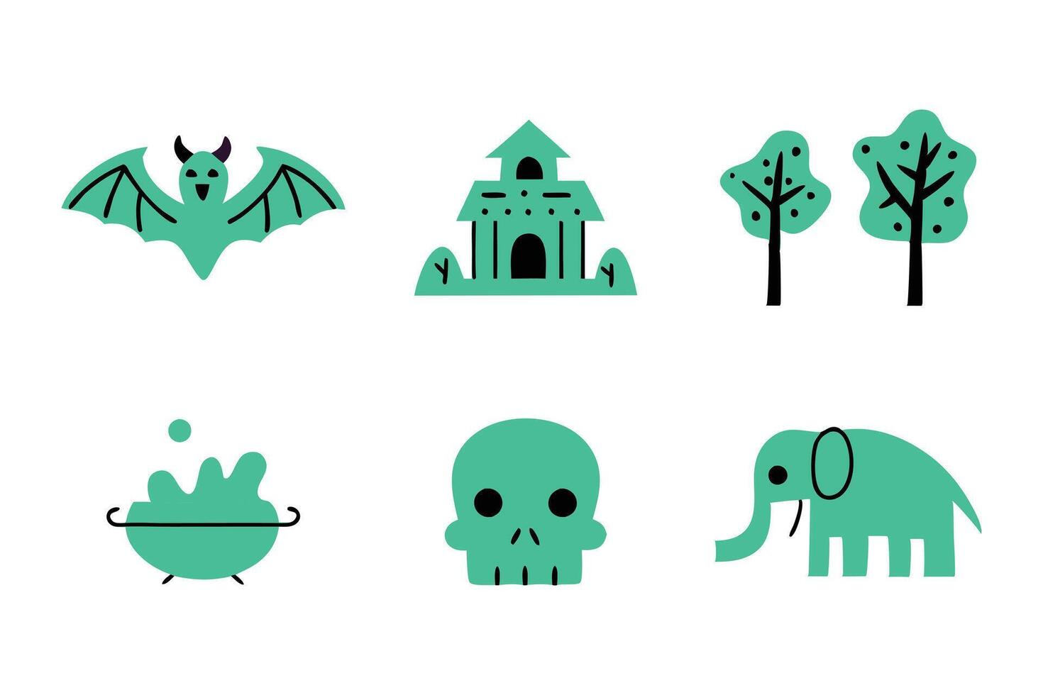 A green and white image of a variety of cartoonish creatures, including a bat vector
