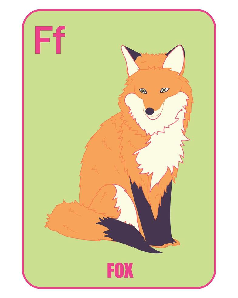 Flashcard design for kids Letter F with a cute fox illustration and the word Fox below. Education vector