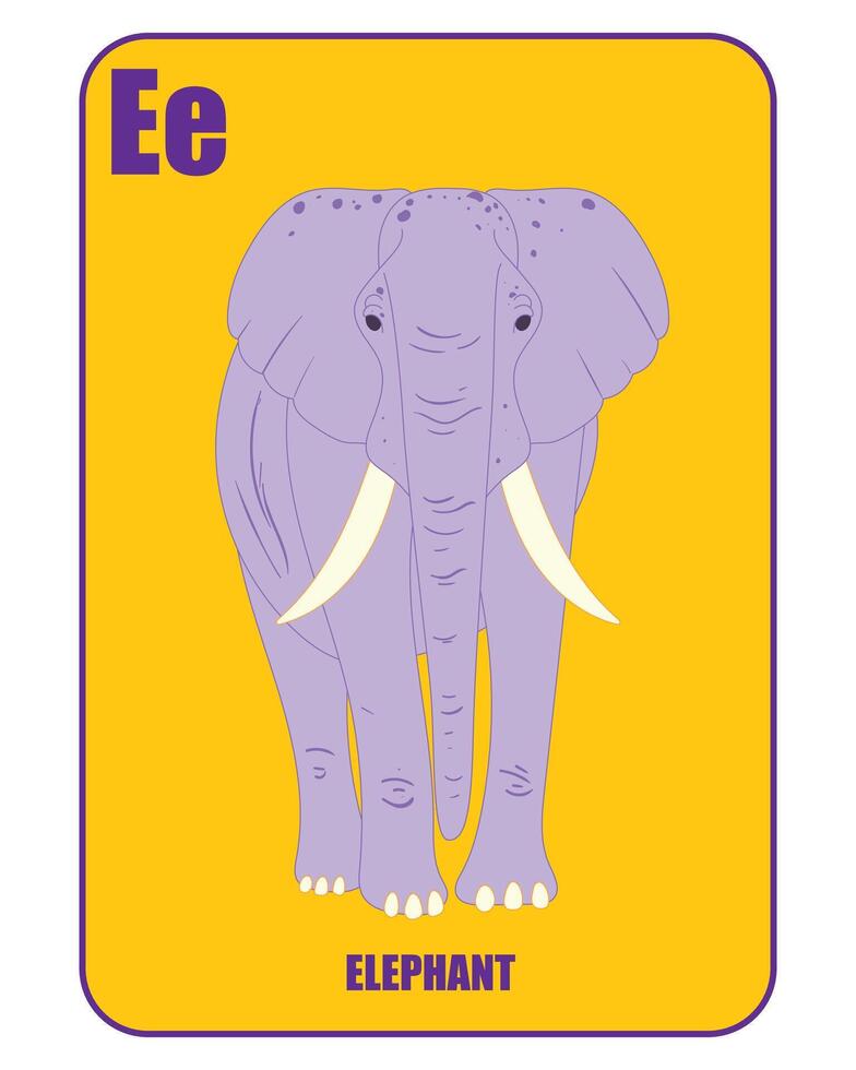 Flashcard letter E with a cute elephant, perfect for kids' education, learning alphabets, and preschool. vector
