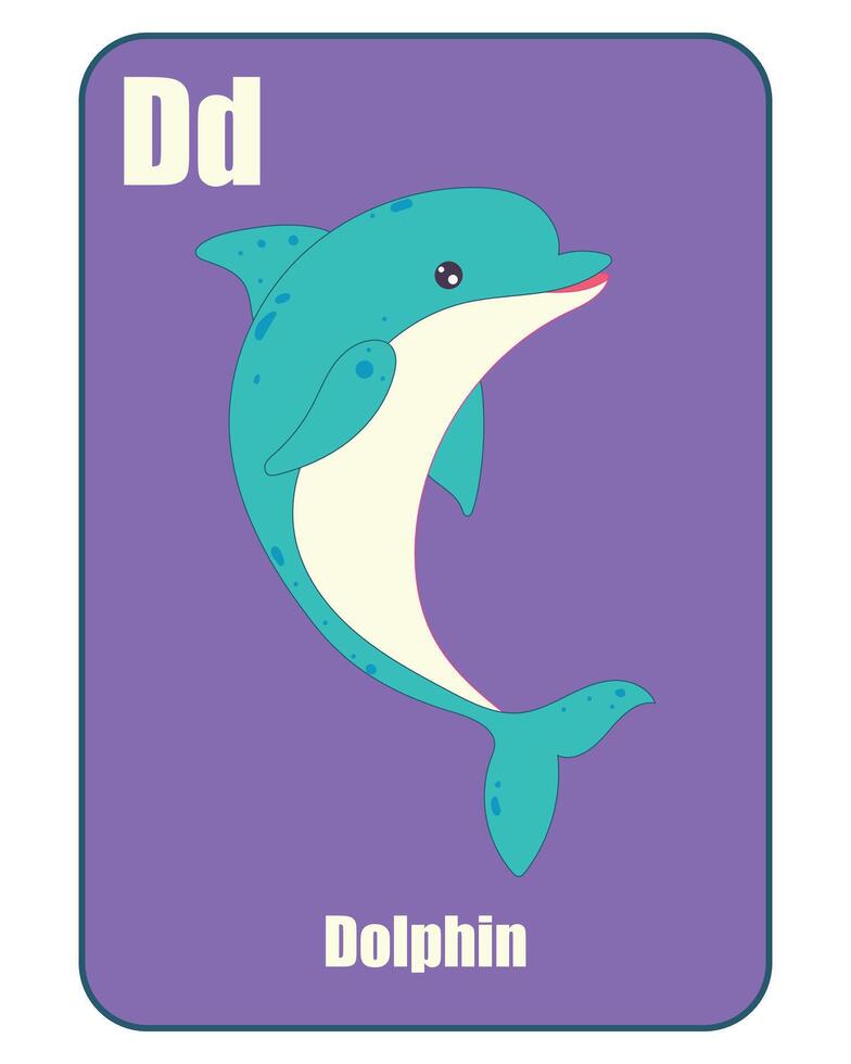 Flashcard letter D with a cute dolphin, perfect for kids' education, learning alphabets, and preschool. vector