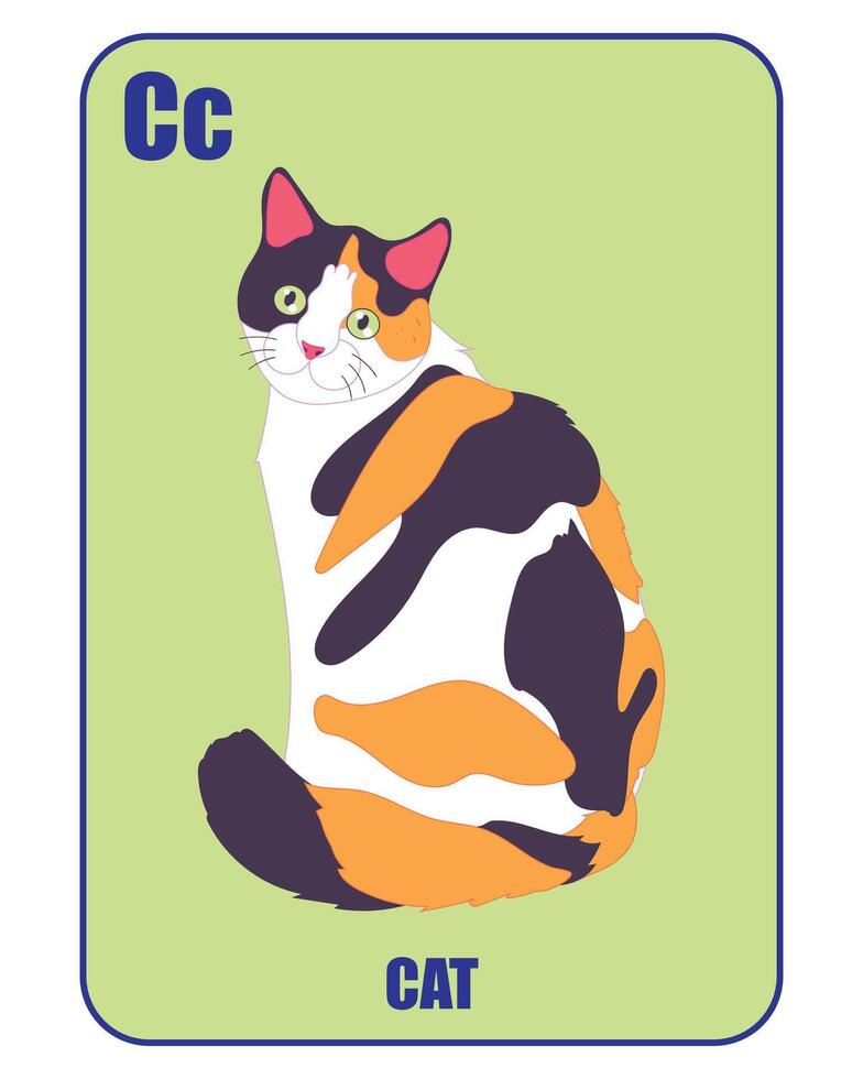 Educational flashcard with letter C, cat illustration, and text, perfect for kids learning the alphabet. vector