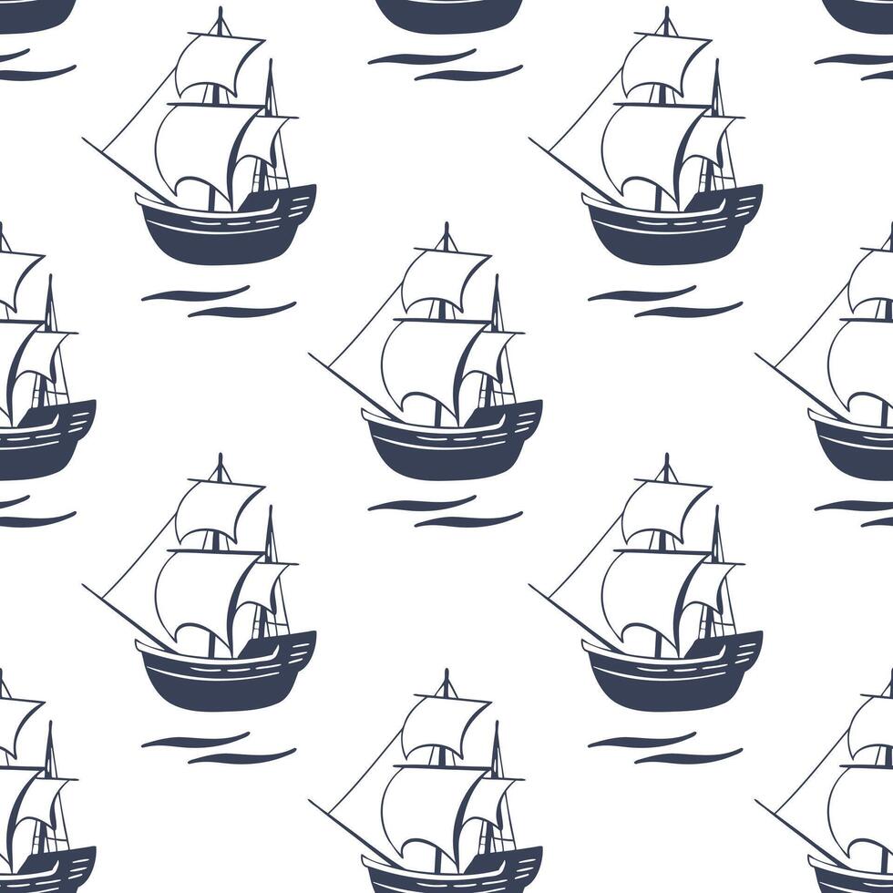 Seamless pattern with sailboats. Marine background with ships. Vintage hand drawn illustration. vector