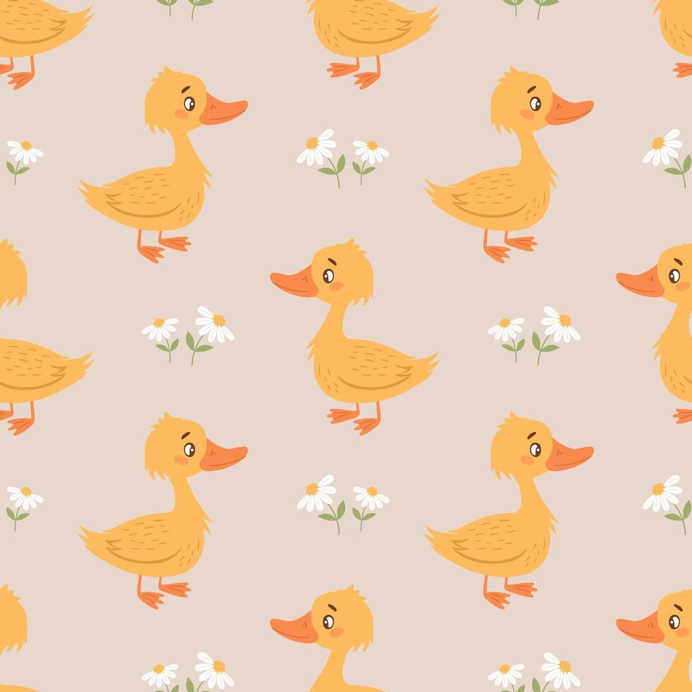 Seamless pattern with cute ducklings and daisies. Background for baby clothes. Print vector