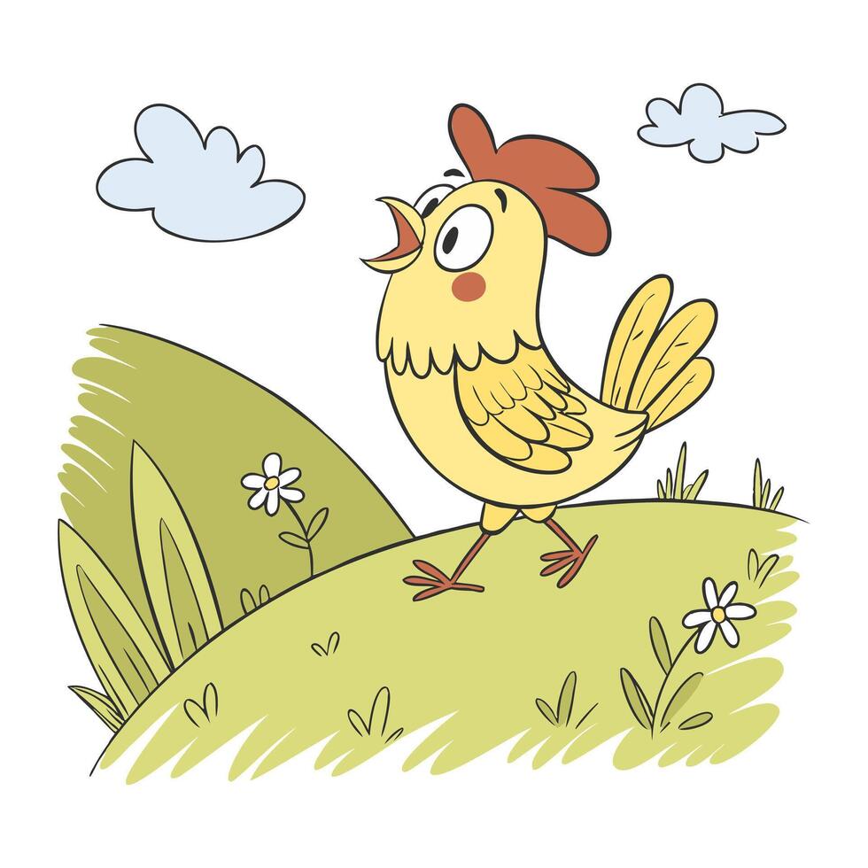 Cute cheerful chicken on a meadow with flowers. Hand drawn illustration for children. vector
