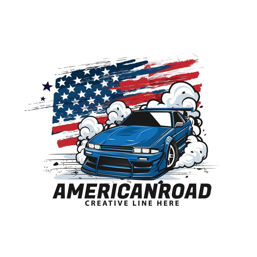 blue car and american flag vector