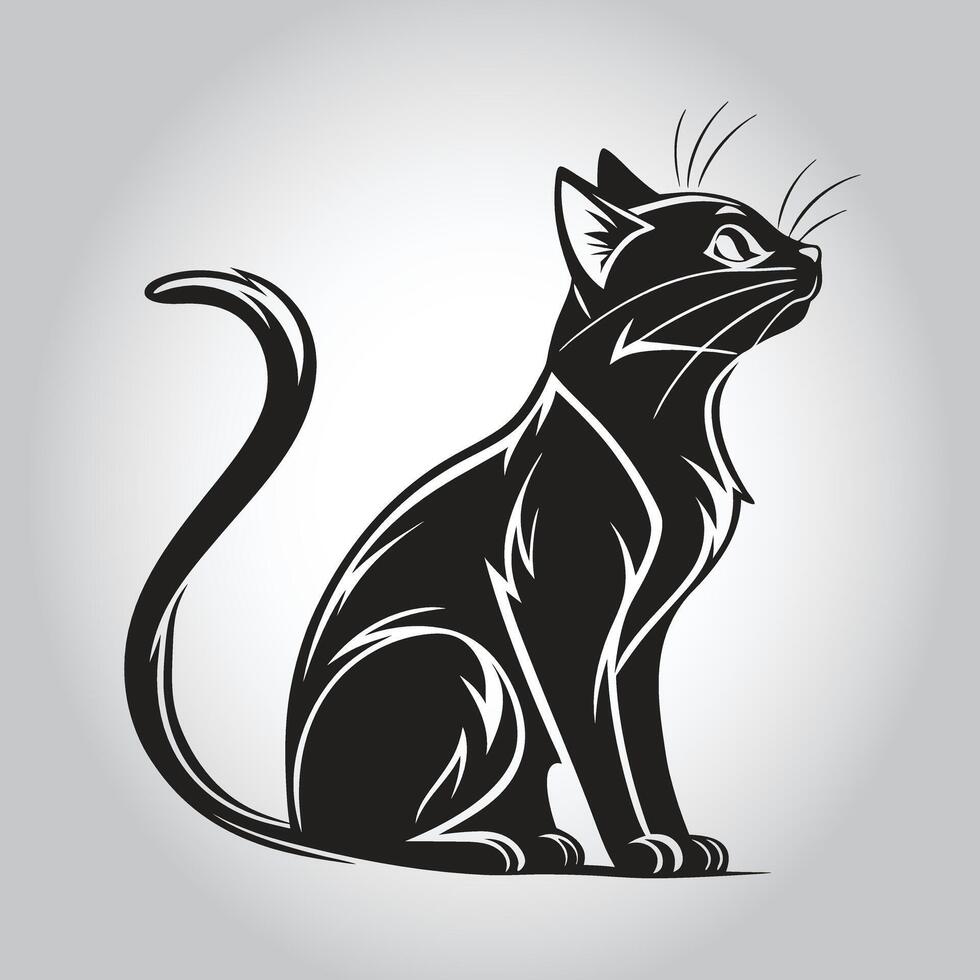 a black cat with a black tail and a white background vector
