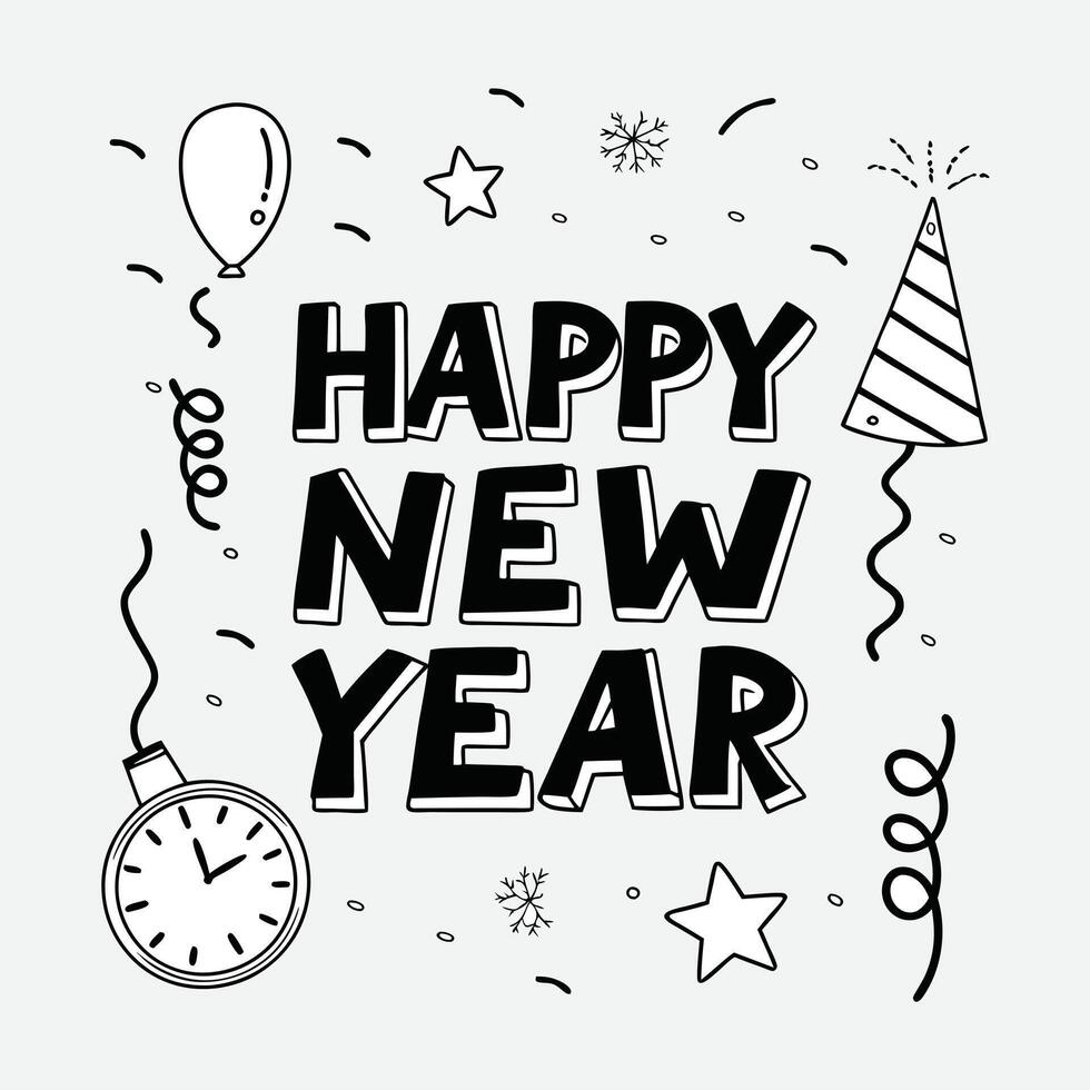 a black and white picture of a clock with the words happy new year on it. vector