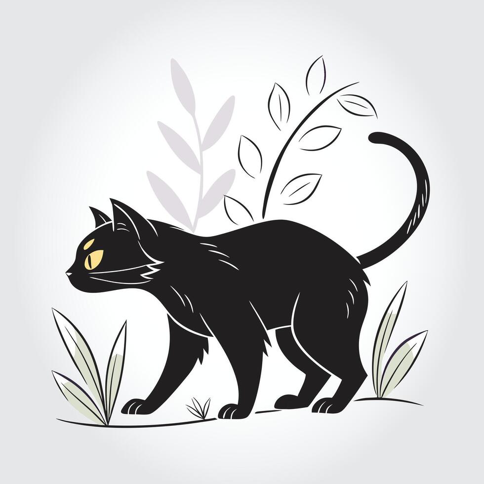 a black cat with a yellow eye is standing in the grass. vector