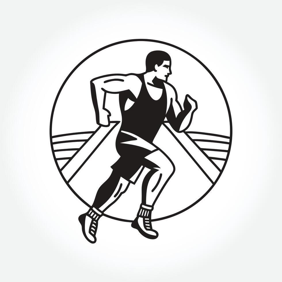 a black and white drawing of a man running with a bag in his hand. vector
