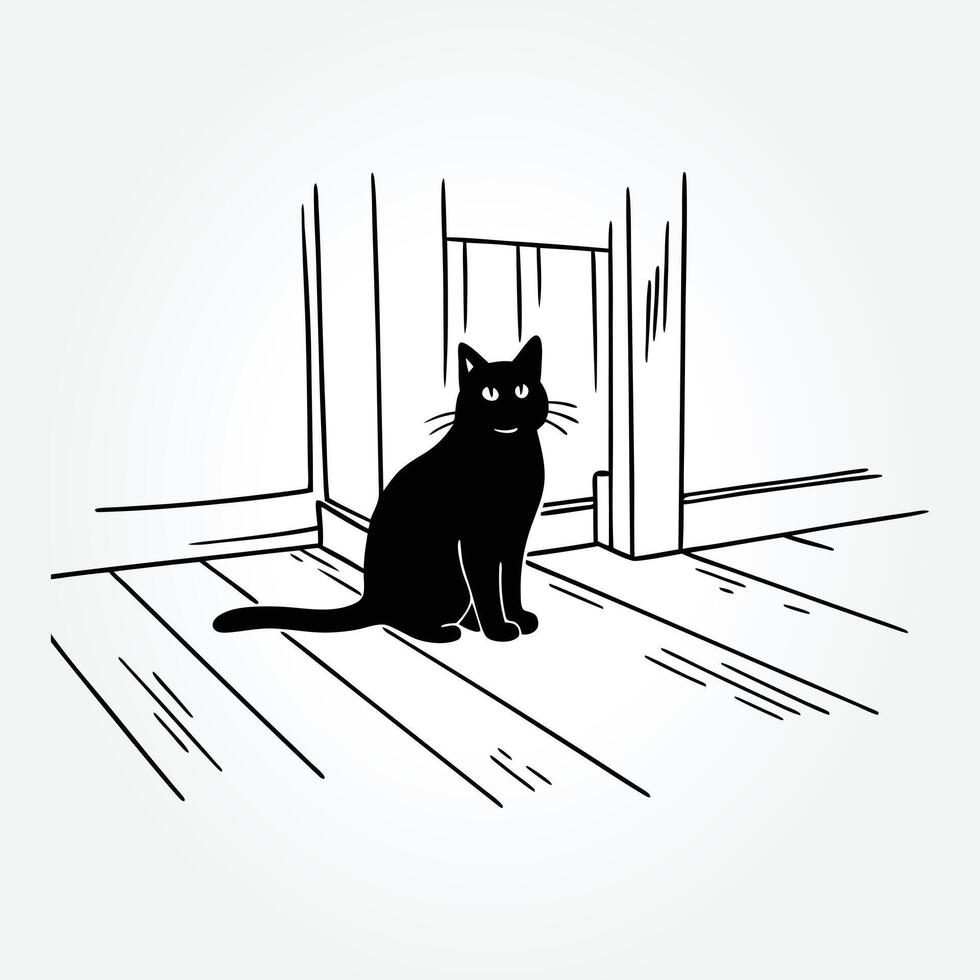 a black cat with a black tail sits on a wooden floor vector
