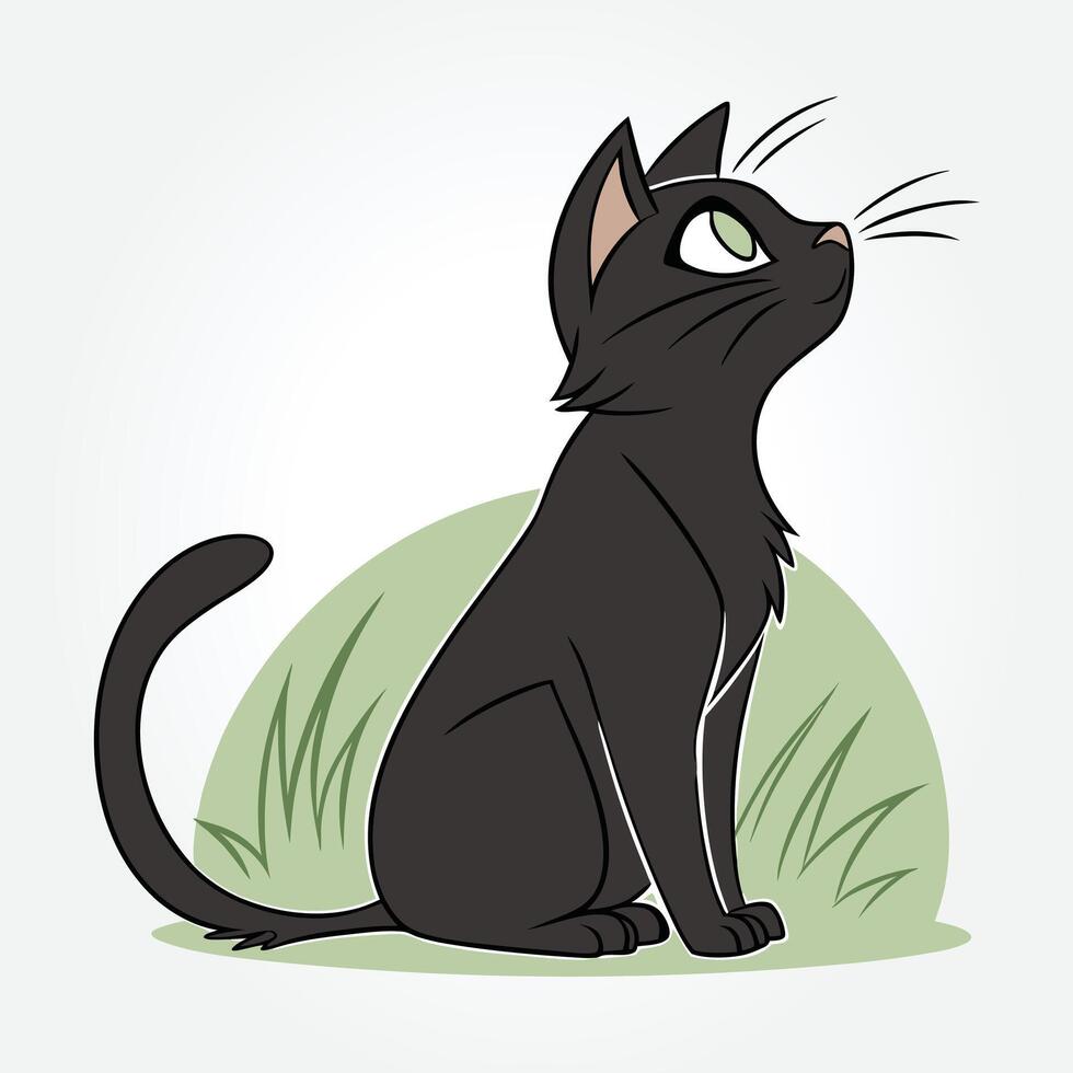 a black cat with green eyes sitting in the grass vector