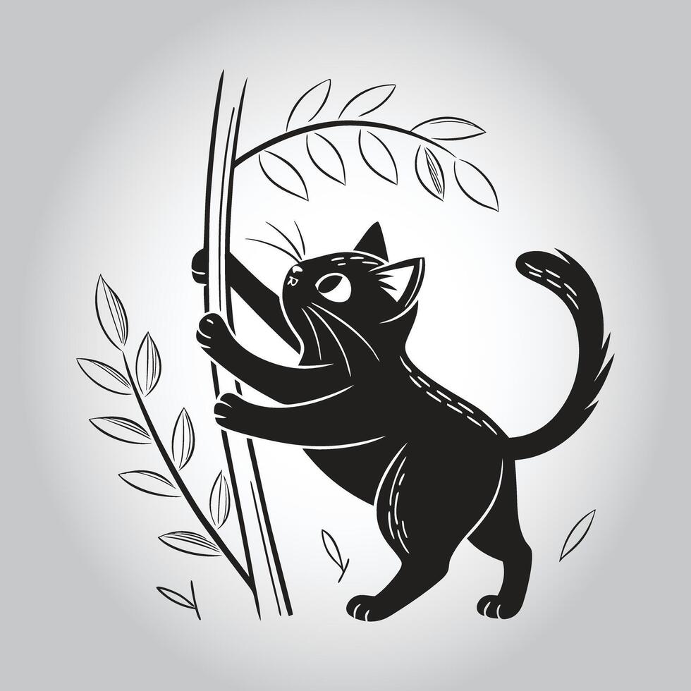a black cat with a long tail holds a stick with a cat on it vector