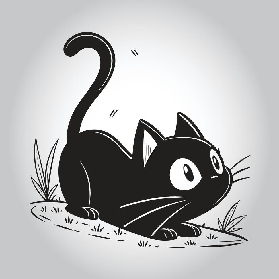 a black cat with a big black tail sits in the grass vector