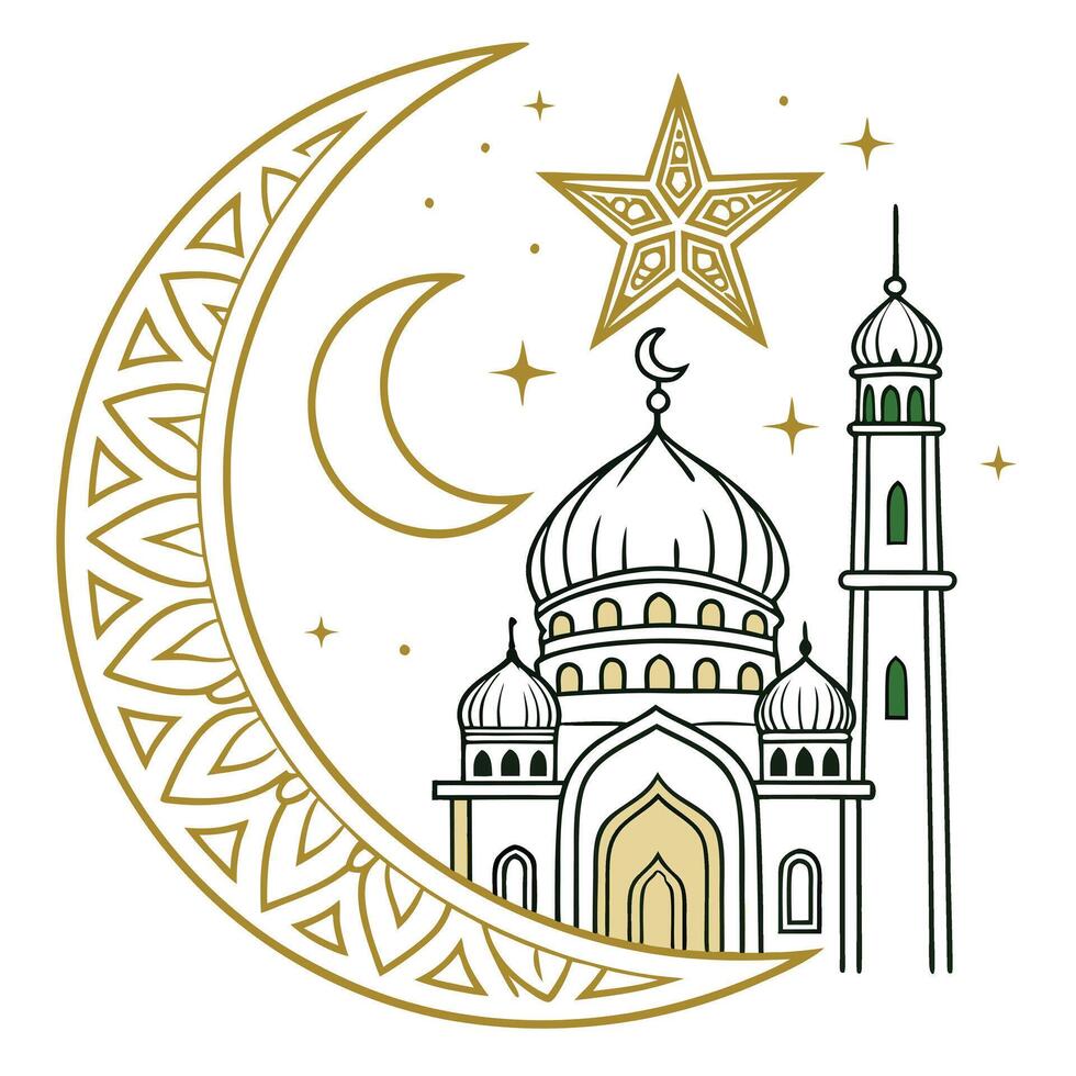 a mosque with a crescent moon and a star on it. vector