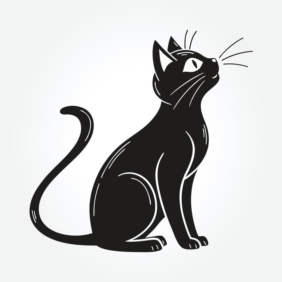 a drawing of a black cat with a long tail vector