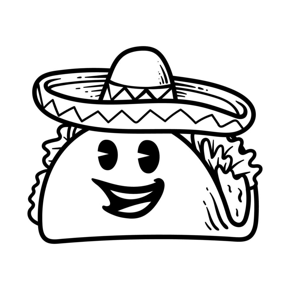 funny cartoon charcter of taco wear sombrero hat isolated drawing line art style sketch classic vintage design illustration vector