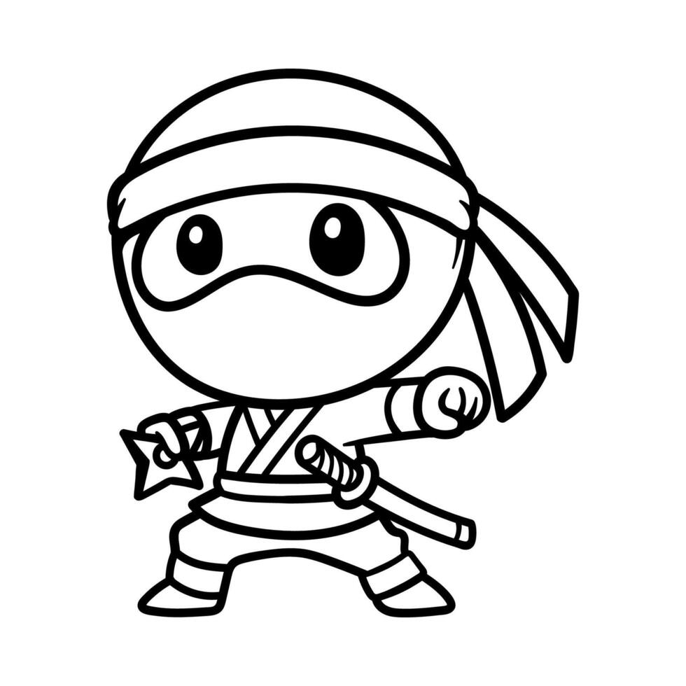funny ninja hold shuriken cartoon isolated drawing line art style sketch classic vintage design illustration vector