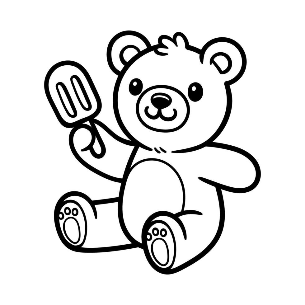cute teddy bear hold ice cream cartoon character isolated drawing line art style sketch classic vintage design illustration vector