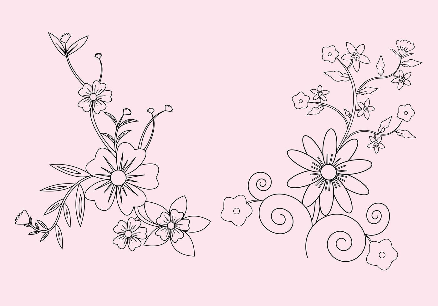Flowers coloring book page set in flat graphic design, Outline Design elements, kids and adults vector