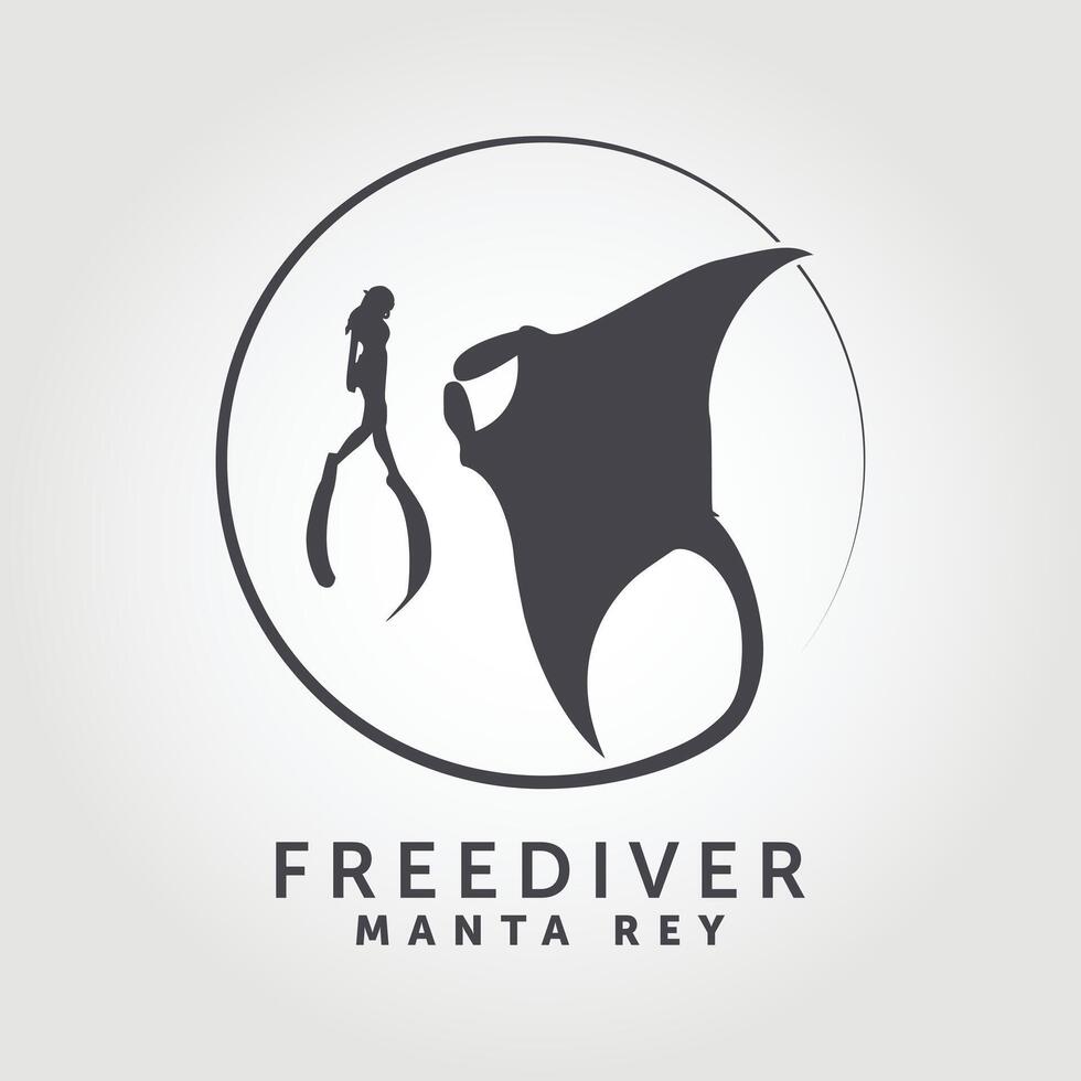 free diver and manta ray diving logo design illustration vector