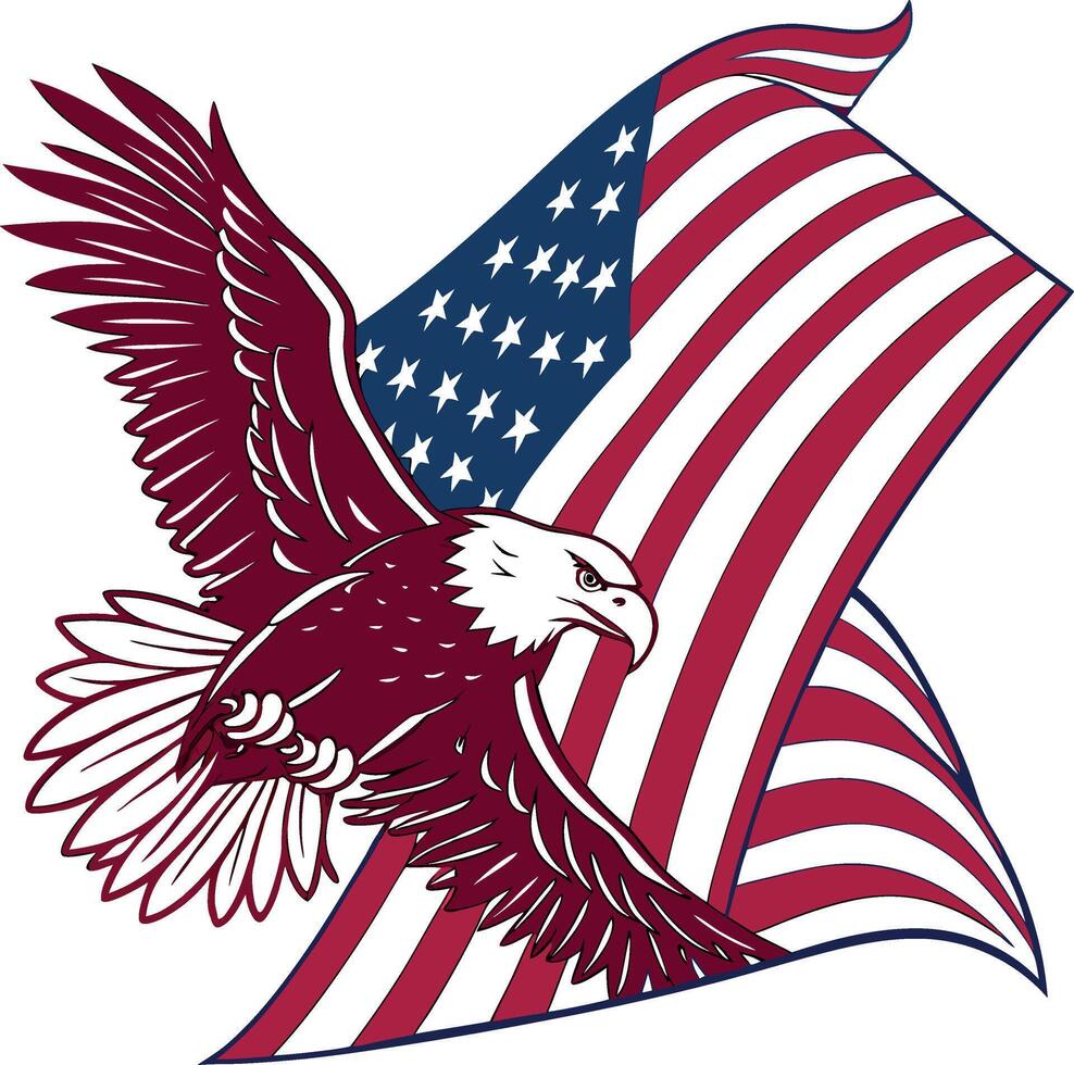 an eagle flying over an american flag vector