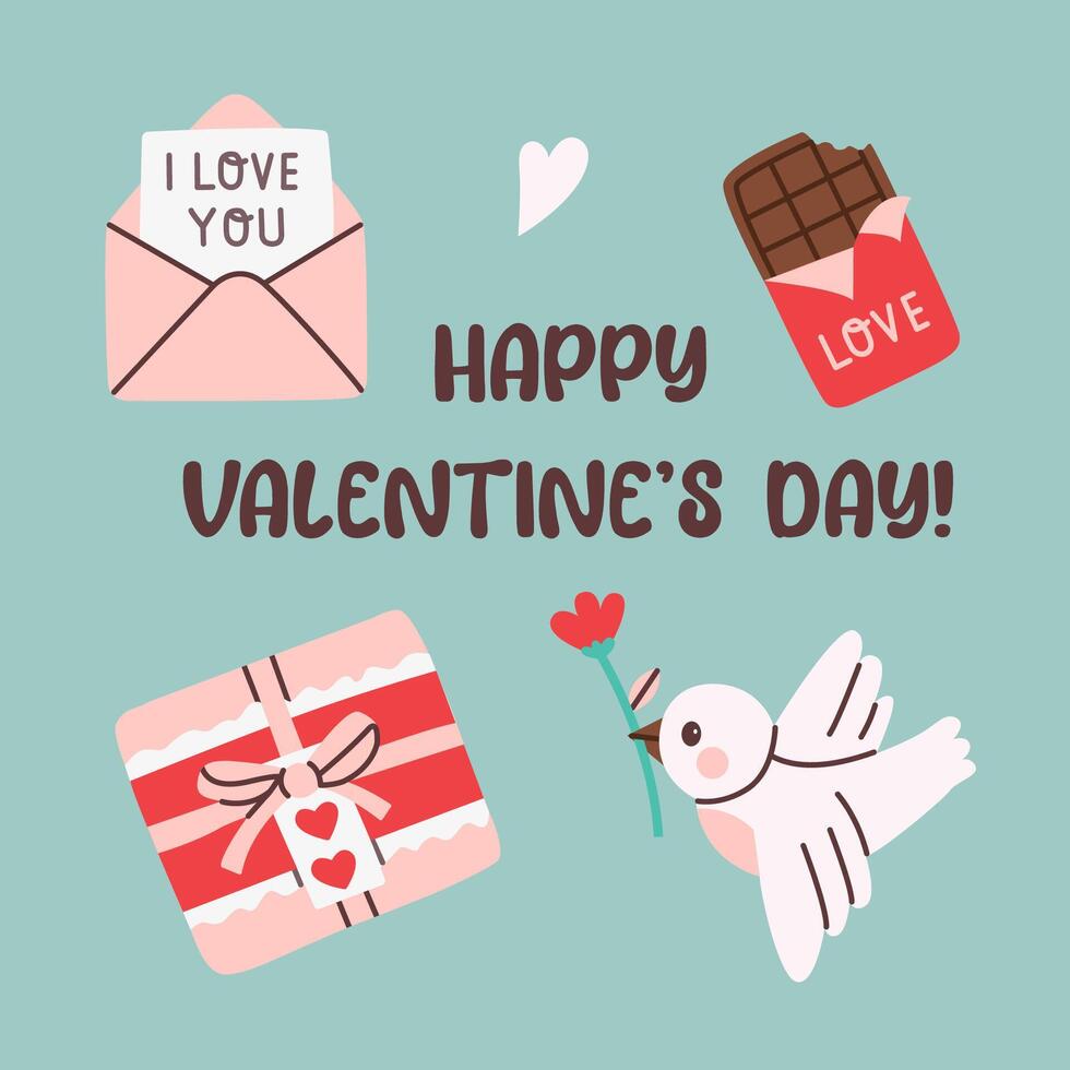 Flat style Valentine's Day card featuring a love letter, chocolate bar, wrapped gift, and dove holding a flower. A charming and festive design for romantic occasions and celebrations. vector