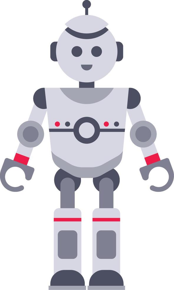 Gray and red robot standing with a smile on its face, representing artificial intelligence, automation, and future technologies in a minimalist and colorful flat design vector