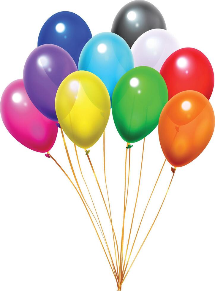 Bunch of colorful balloons floating with gold ribbons on white background, creating a festive and joyful atmosphere perfect for celebrations and happy occasions vector