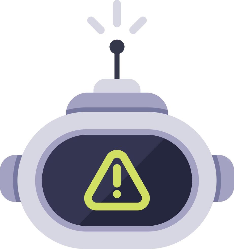 Robot showing warning alert sign on screen and flashing antenna, potential error or malfunction, artificial intelligence concept, flat illustration isolated on white background vector