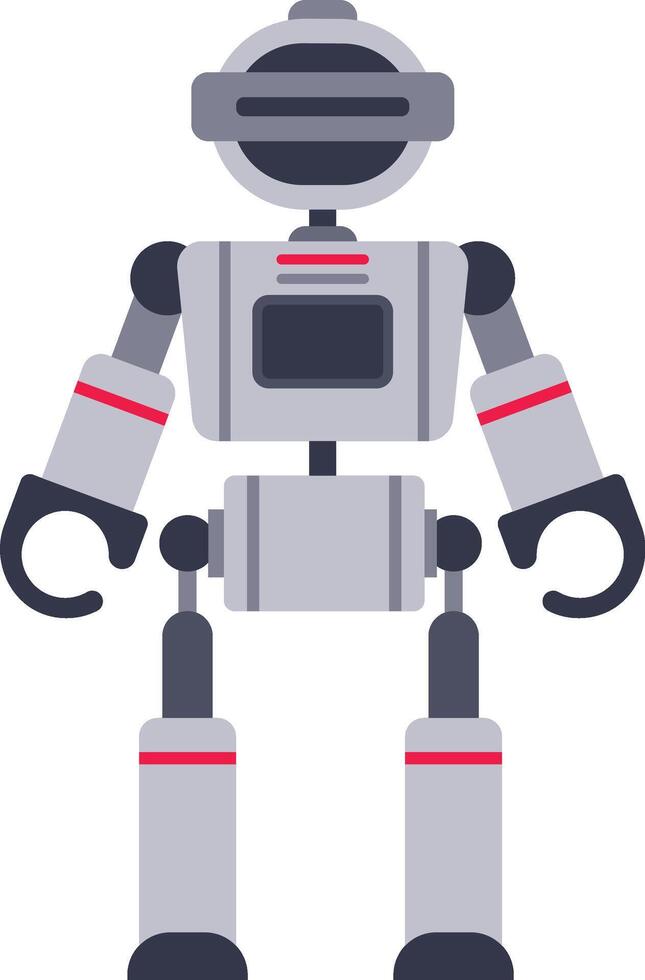Gray and red robot standing with arms down, featuring a screen on its chest and a round head with a horizontal visor, embodying automation and advanced technology vector