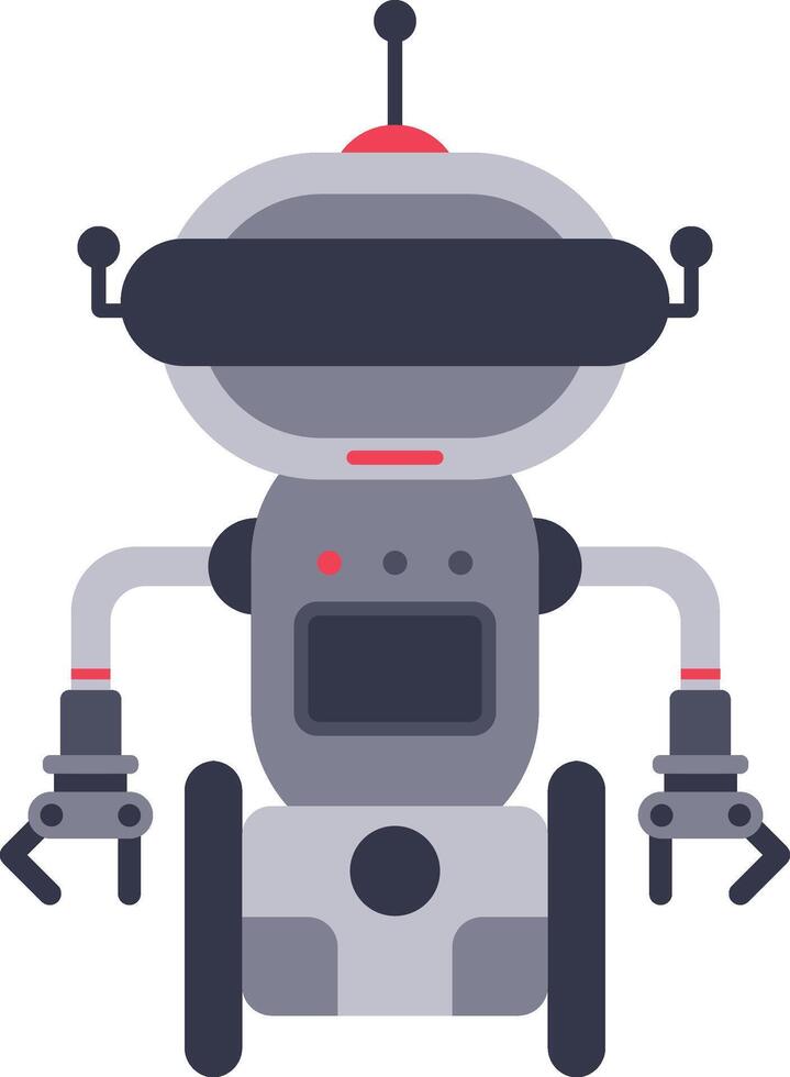Modern gray robot with wheels, grippers and a screen on its chest is standing still and ready to perform tasks, showcasing advanced robotics and artificial intelligence vector