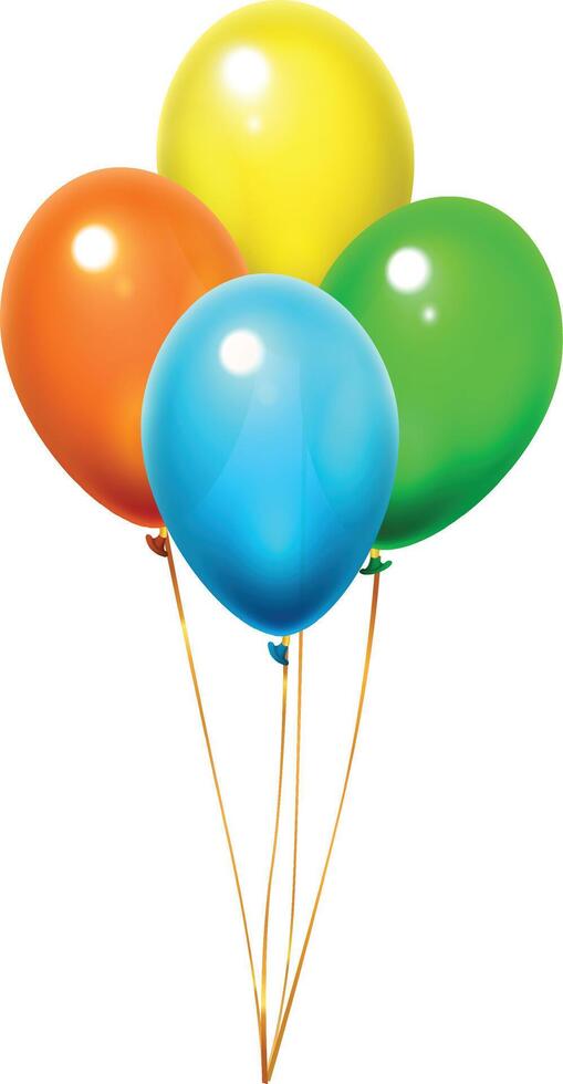 Four colorful balloons, orange, yellow, green and blue, floating with golden ribbons on a white background, creating a festive and cheerful atmosphere vector