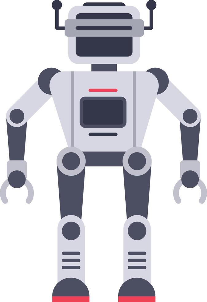 Gray and red robot standing upright with two antennas, two clawed arms, and two legs, featuring a modern, futuristic design that embodies the concept of artificial intelligence vector