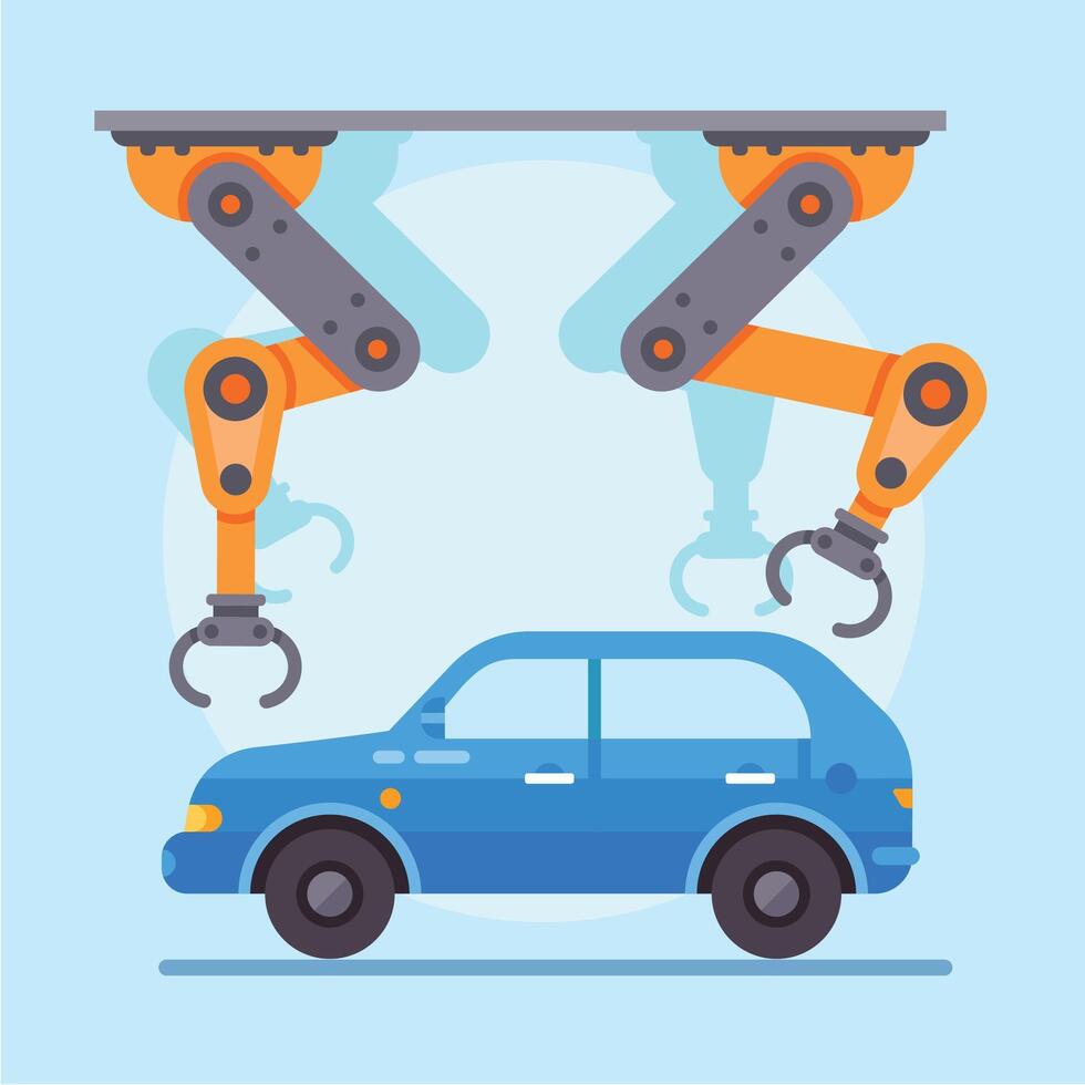 Two robotic arms working meticulously on a blue car within a futuristic factory, highlighting the advancements in automation and efficiency in the automotive manufacturing industry vector