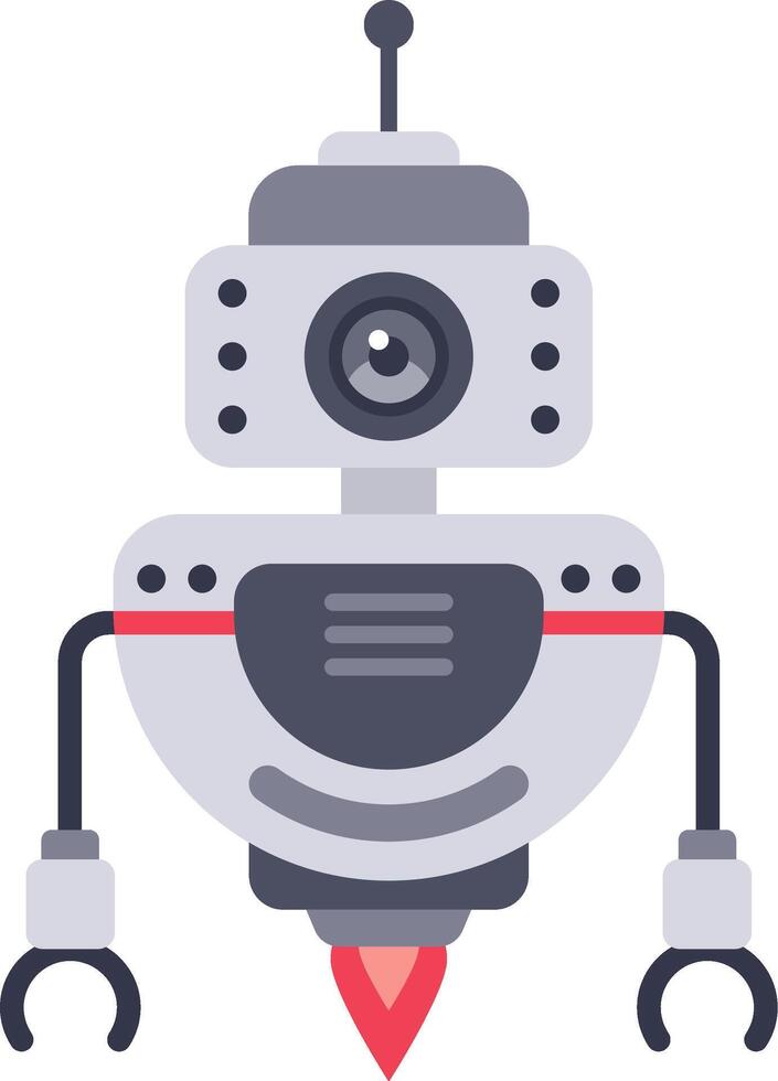 Flying robot with camera and rocket booster launching in a white background, exploring new horizons with artificial intelligence and innovative technology vector