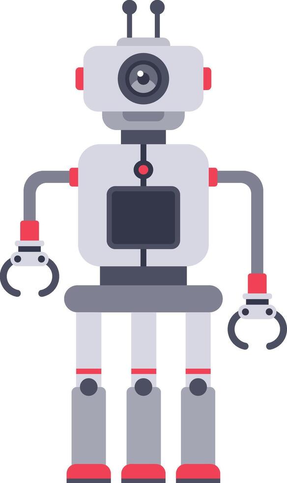 Futuristic robot standing on three legs with mechanical arms holding claws, featuring a camera eye and a central processing unit, representing advanced technology and automation vector