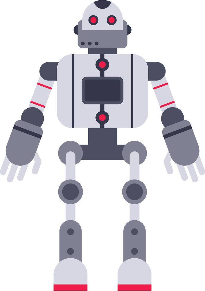 Futuristic robot standing with arms open, red glowing eyes and a screen on its chest, representing advanced technology and artificial intelligence vector