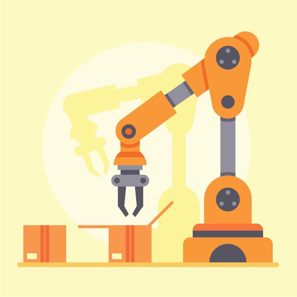 Orange robotic arm packing products into cardboard boxes on an assembly line, representing automation in modern warehouse and industry 4.0 concept vector