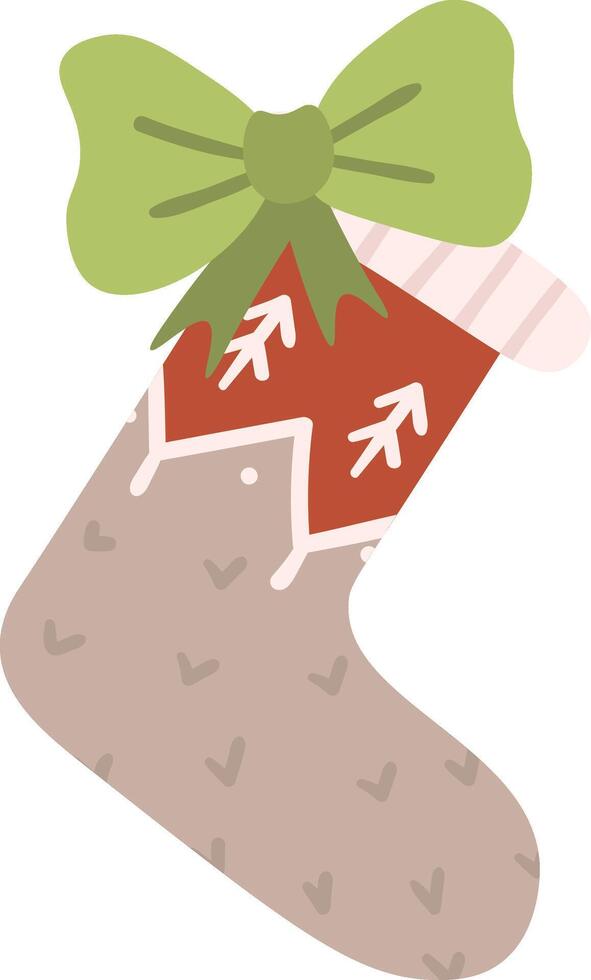 Christmas stocking featuring a charming fir motif and a vibrant green bow, patiently waiting to be filled with delightful gifts, perfect for festive holiday illustrations vector