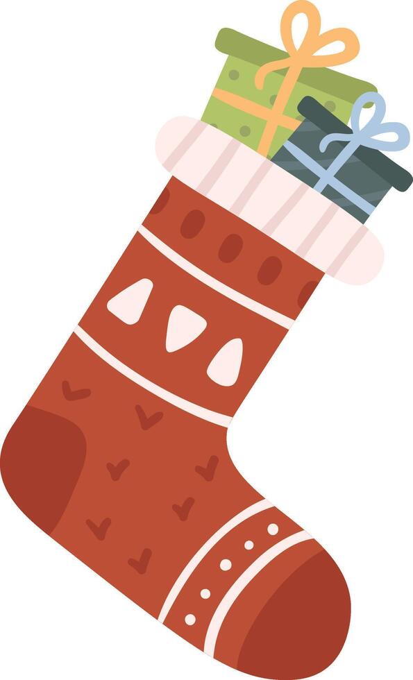 Red Christmas stocking brimming with beautifully wrapped gifts adorned with bows and ribbons, isolated against a white background, embodying the joy of Christmas Eve traditions vector
